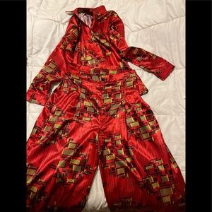 Red multicolored silk pants suit